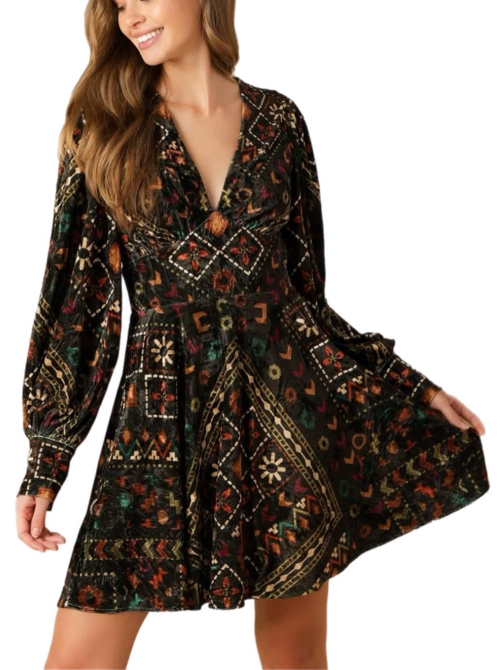 fab'rik Velvet Finding Myself Woven Mini Dress Long Puff Sleeve Eclectic Large